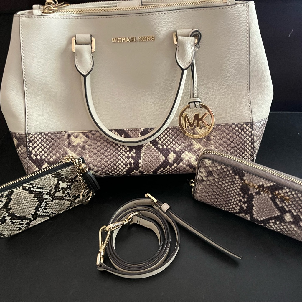 Set: 3 Piece Michael Kors Cream And Brown Snake Print Satchel Set